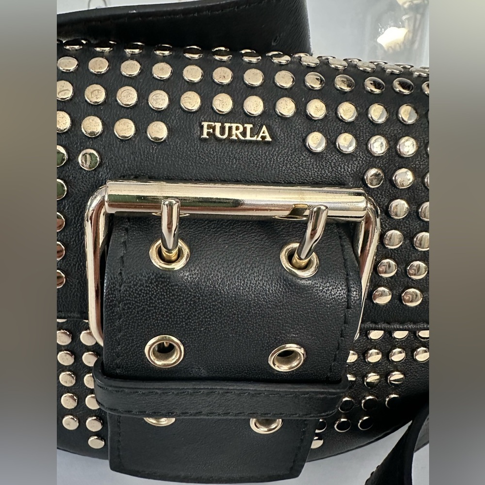 FURLA Studded Black Leather Mini Crossbody Bag Made In Italy Gold Tone Studs - Picture 4 of 17